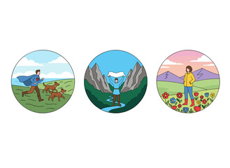 Individuals wander alone amidst tranquil nature, with joyful men and women strolling and traveling in solitude, enjoying outdoor scenes in spring and autumn, depicted in colored flat vector