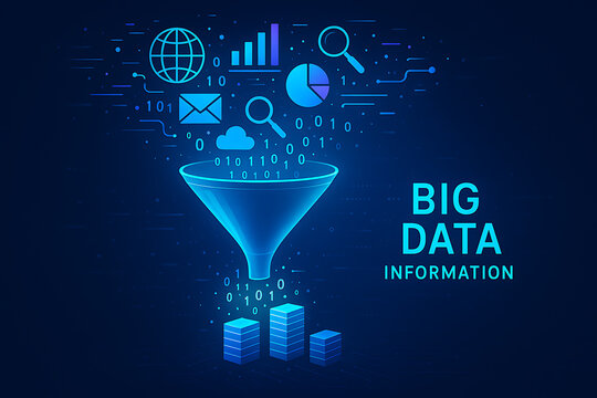 Digital funnel with icons and binary code representing big data processing analytics cloud storage information technology and global insights - Powered by Adobe