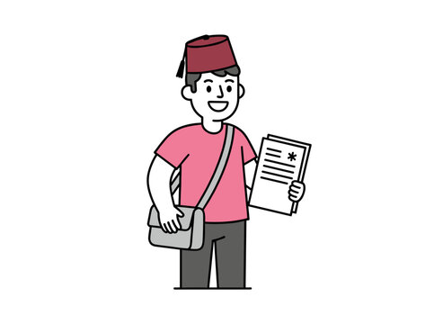 A humorous male cartoon postman, carrying a bag and newspapers, stands alone on a white background in a vibrant flat illustration