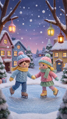 Two adorable knitted couple, boy and girl, toys in pastel hats and scarves ice skating together in snowy village with glowing houses and lights creating magical winter holiday scene