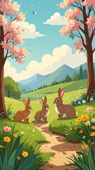 Spring rabbits in a meadow