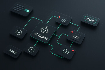 Futuristic AI agent workflow interface with glowing digital buttons and connected process elements representing automation and technology
