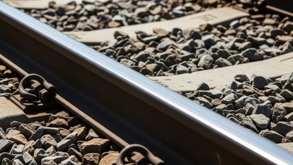 Close-up view of railway tracks with metal rails and gravel ballast