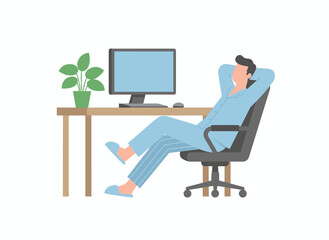 Fototapeta premium A relaxed male freelancer sits on a chair, satisfied with his productive work, illustrated in a flat vector style, while a cheerful employee works at a desk with a computer in a solitary office