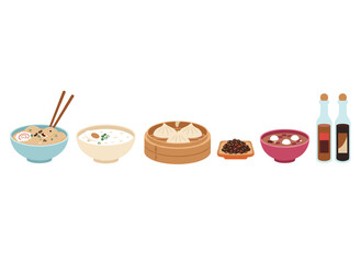 A colorful flat vector illustration on a white background depicts traditional Korean festive dinner dishes&mdash;national staples like dumplings, mandoo, and bulgogi&mdash;representing Asian oriental cuisine