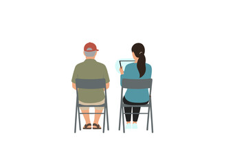 Fototapeta premium A film director and assistant sit in chairs during a video production, backstage, shown as a flat vector illustration on a white background