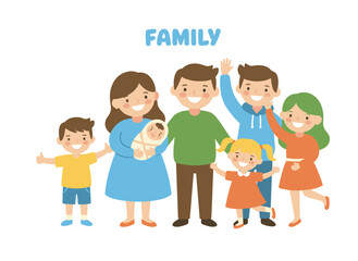 Obraz premium A large family portrait featuring an Asian mother, father, and five children, all smiling with relatives, rendered in a colorful flat illustration