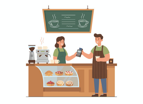 A bakery checkout scene where a customer purchases takeaway desserts and pastries with cash, paying at the counter in a cafe or coffeehouse, depicted as a flat vector illustration on a white