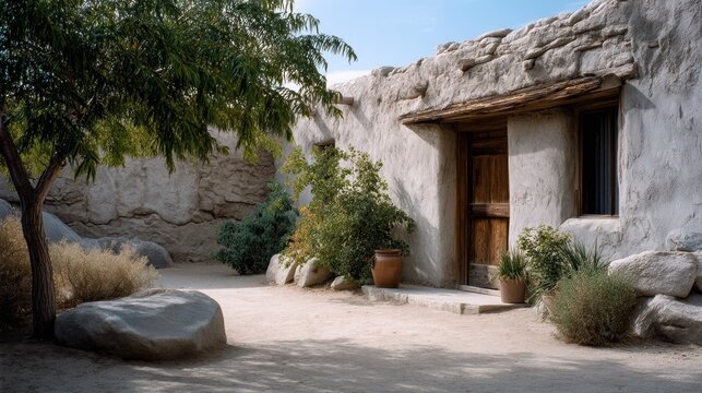 The yard of an old adobe house with a large stone wall, wooden door and window frame, small tree, bushes, beige sand, dry desert landscape and green plants. Architectural photography.
- Powered by Adobe