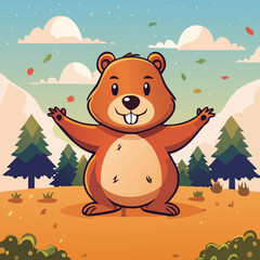Cute Groundhog Illustration &mdash; cartoon groundhog in outdoor landscapes with mountains, forests, and playful poses