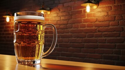 Refreshing beer mug on wooden bar counter with brick wall and warm lighting