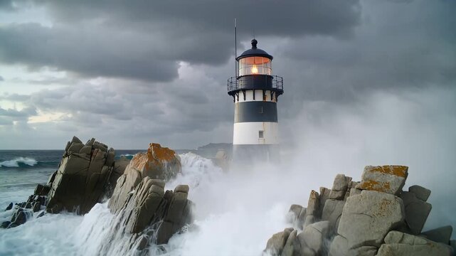 Waves crash against a lighthouse in a coastal storm at dusk
