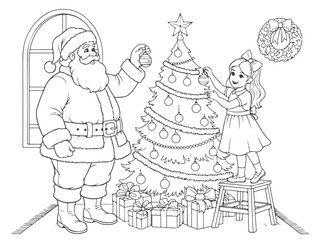 Santa Claus and a young girl decorating a Christmas tree with ornaments and presents underneath.
