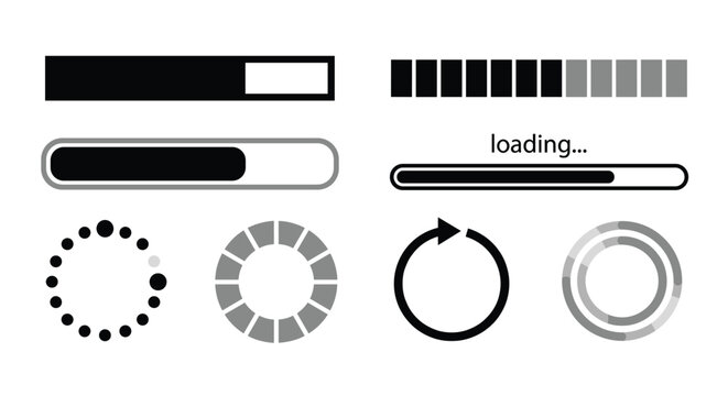 Loading progress bar and spinner vector icon set on a white background