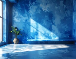 Modern room with abstract blue textured walls and reflective floor, bathed in sunlight