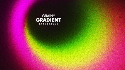 Colorful grainy gradient with vivid pink yellow green tones blending around central dark void created from thousands of individual dots. Neon grainy gradient for modern visuals and digital designs
