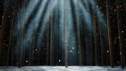 Enchanted snowy forest clearing with snow covered tree light beams and drifting particle glow - Powered by Adobe