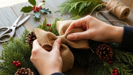 Crafting a festive holiday wreath with burlap and pine cones