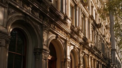 Medium shot of heritage architecture showcasing ornate facades and classic symmetry in warm natural light highlighting timeless craftsmanship.