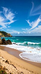 Sunny beach scene with dramatic clouds