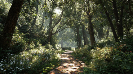Obraz premium A sun-dappled trail winds its way through a verdant forest, creating a sense of tranquility and serenity. The path invites exploration, promising adventure and discovery amidst nature's embrace