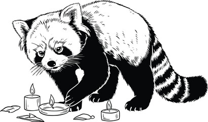 A captivating black and white depiction of a red panda among glowing candles and scattered leaves
