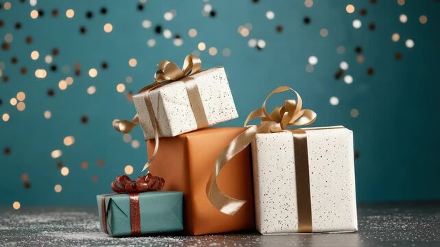 Festive stacked gift boxes with glitter ribbon bow present and shimmering ribbons bokeh lights