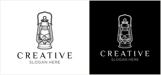 Naklejka premium A minimalist line art illustration of a vintage kerosene lantern, presented as a logo concept with 'CREATIVE' text, on both white and black backgrounds.