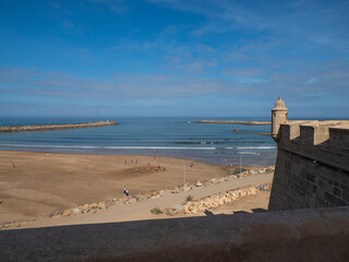 Rabat beach view from the Kasbah of the Udayas fortress in Rabat in Morocco. Location at the mouth of the Bou Regreg river
