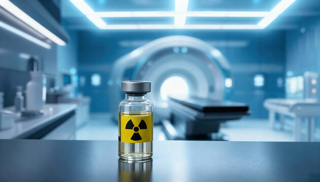 Vial with radioactive label sits on a reflective surface in a clinical imaging suite with a scanner blurred in the background. The composition leaves clear open space at the side for copy or text over
