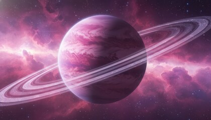 Vibrant pink gas giant planet with prominent rings floating in a dramatic purple and magenta nebula filled with stars.