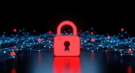 Cybersecurity threat concept. Glowing red padlock over a dark digital network grid with multiple warning signs indicating vulnerability.