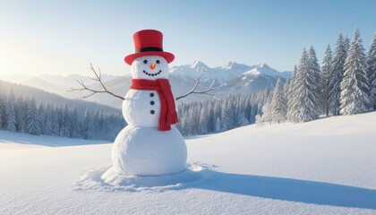 Obraz premium A cheerful snowman wearing a red top hat and scarf stands in a vast, sunny winter landscape with snowy mountains and pine forests.
