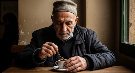 Man stirs Lebanese coffee in a small cup while seated at a wooden table in a cafe