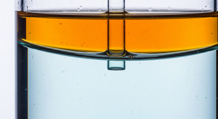 Liquid-liquid extraction shows two colored liquids clearly separated along the interface line in a laboratory setup