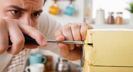 Mixer casing breaks while worker tries to open it, causing surprise and concern during the task in kitchen setting