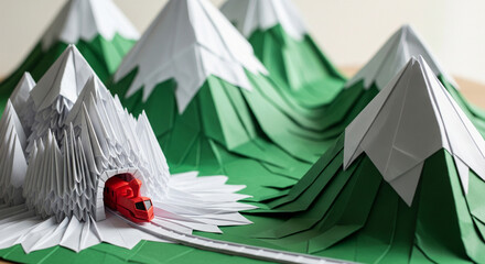 Tiny red origami train appears from folded paper tunnel in a mountain landscape scene