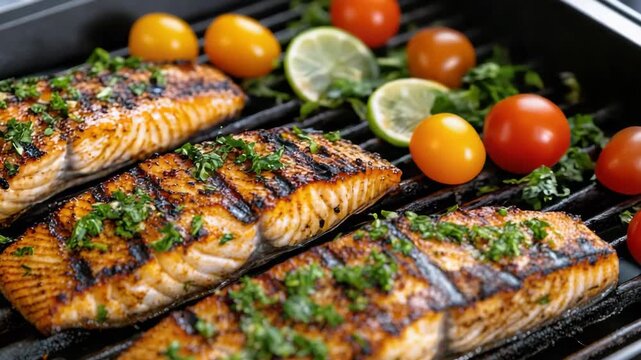 Grilled salmon fillet with char marks, herb garnish, cherry tomatoes and lime zest for fish grill