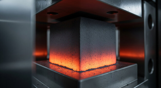 NdFeB sintering process showing slow compression and orange red glow of fusing powder turning into solid block
