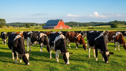 Herd of holstein cows grazing in pasture with red barn in rural landscape