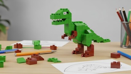 Colorful dinosaur model built from interlocking blocks on wooden desk with pencils and drawings