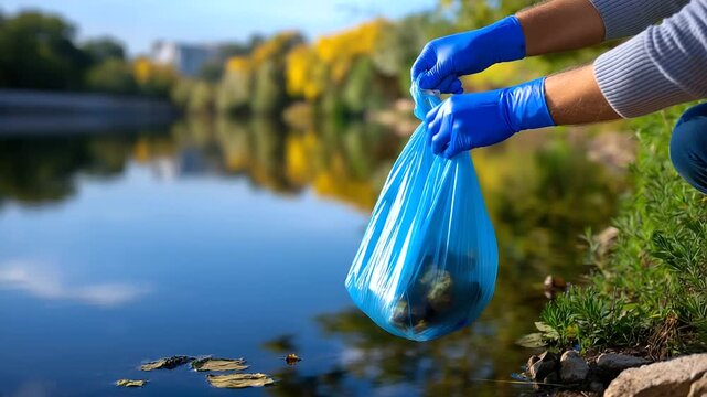Gloved hands lifting a biodegradable bag filled with trash near a calm river, blurred reflection of trees in water, with copy space.