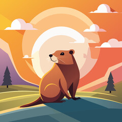 Groundhog Sunset Illustration &mdash; geometric vector silhouettes of groundhogs with bold sunset backdrops