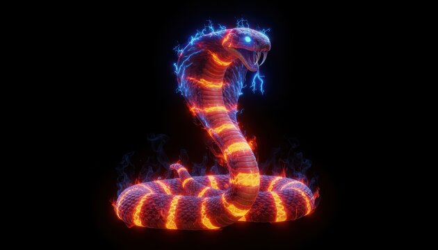Glowing cobra coils on a dark background with electric neon stripes and luminous blue eyes, surrounded by crackling energy and smoke effects, with ample negative space for text and graphic design plac