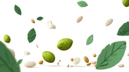 Animated image of various seeds and leaves, floating on white background