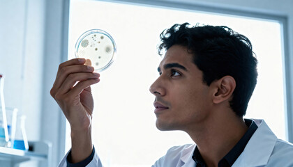 Man examines a petri dish against a bright window in a clinical laboratory setting, studying bacterial colonies with concentrated expression; blurred glassware sits in the background and there is avai