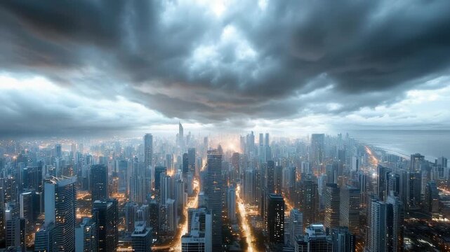 Stormy skyline over modern city at dusk with glowing streets and dramatic cloudscape