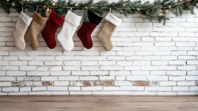 Cozy knitted Christmas stocking garland with warm lights, festive holiday knitted stocking display