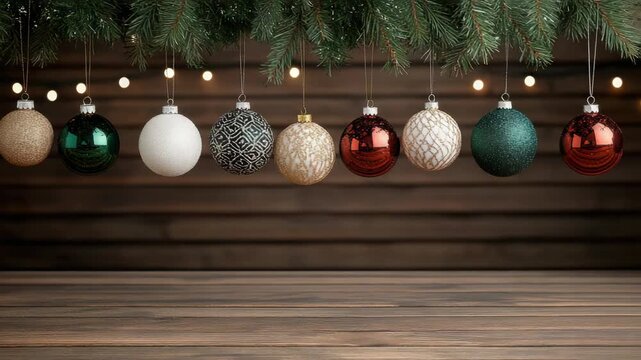 Christmas ornament row and display of hanging bauble ornaments with evergreen garland