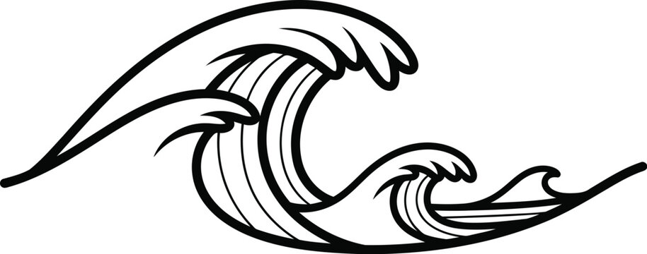 Stylized black and white outline of crashing ocean waves
